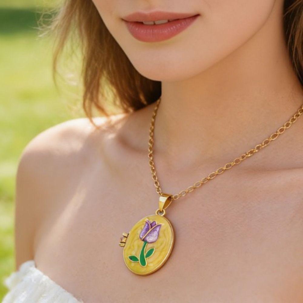 Opening and Closing Lid Photo Locket Pendant Necklace Titanium Steel Glazed Flower Choker Girl