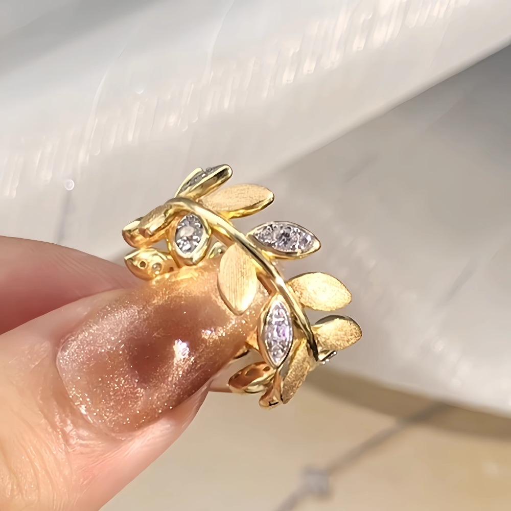 

Vintage Open Ring Gold Plated Leaf Design with Rhinestones Elegant Stackable Rings for Women