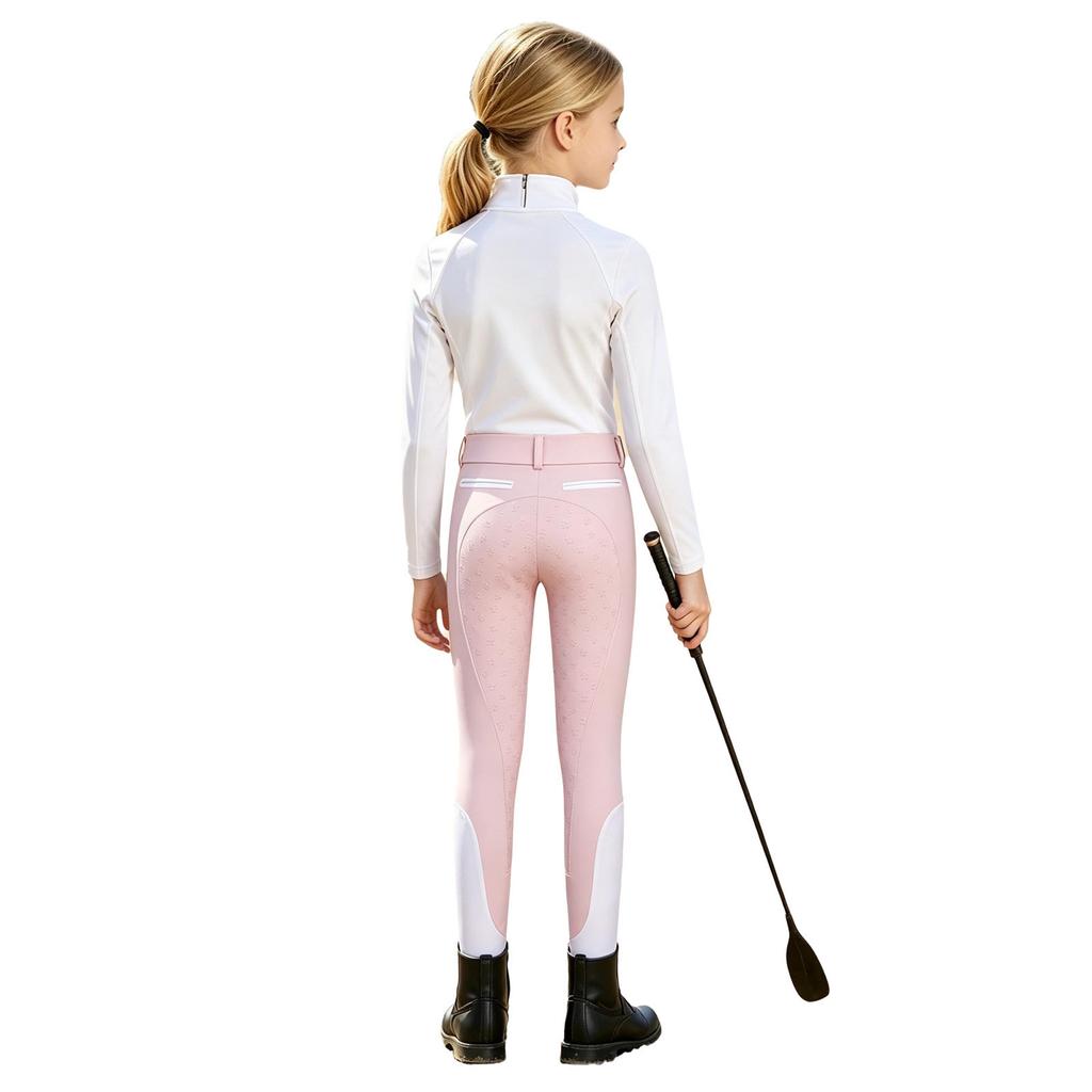 Kids Girls Horse Riding Tights Color Blocked Non Slip Full Seat Breeches with Pockets Belt Loop for Equestrian Sports