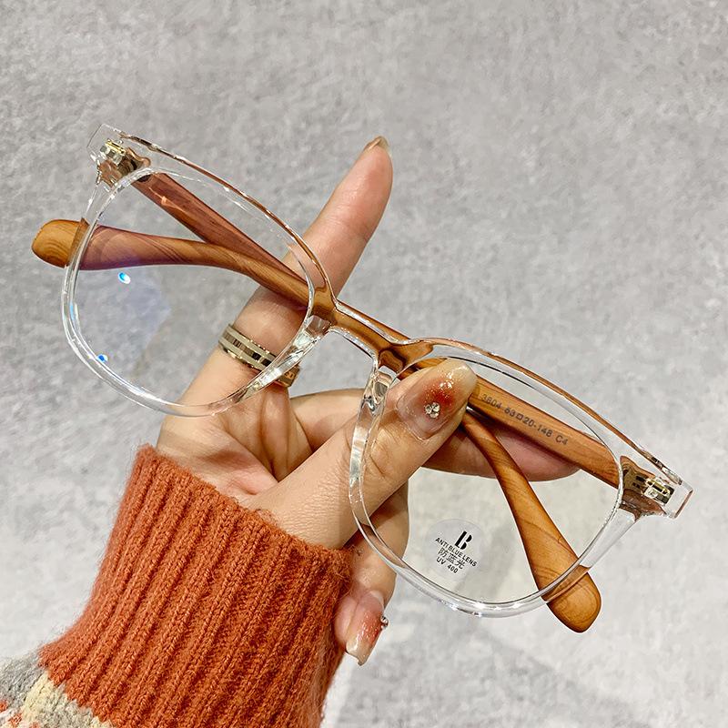 Retro Wood Grain Legs Tr90 Decorative Anti-Blue Flat Mirror With Myopia Glasses Frame For Women