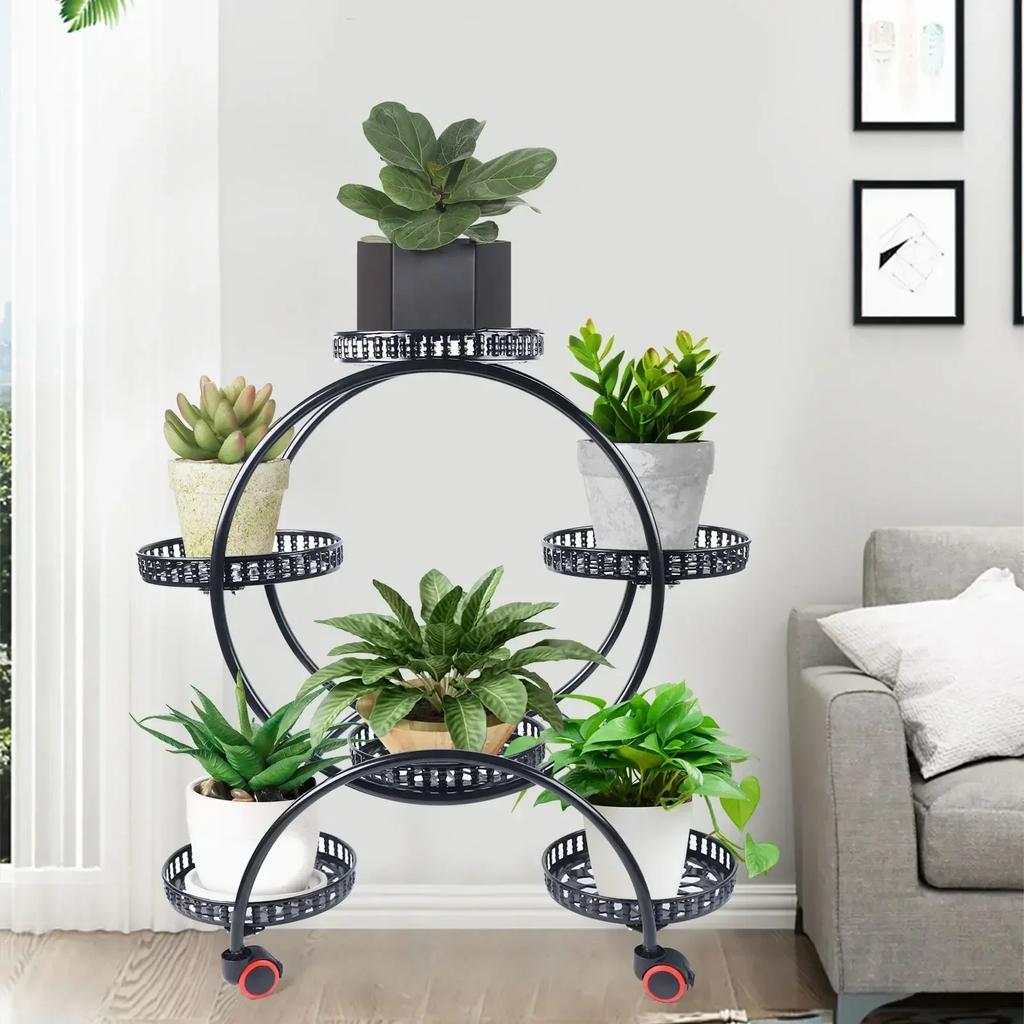 6 Pots Plants Flower Holder 4 Tier Display Shelf Rack with Wheels for Patio Garden Yard Home Decor Indoor Outdoor, Round Black