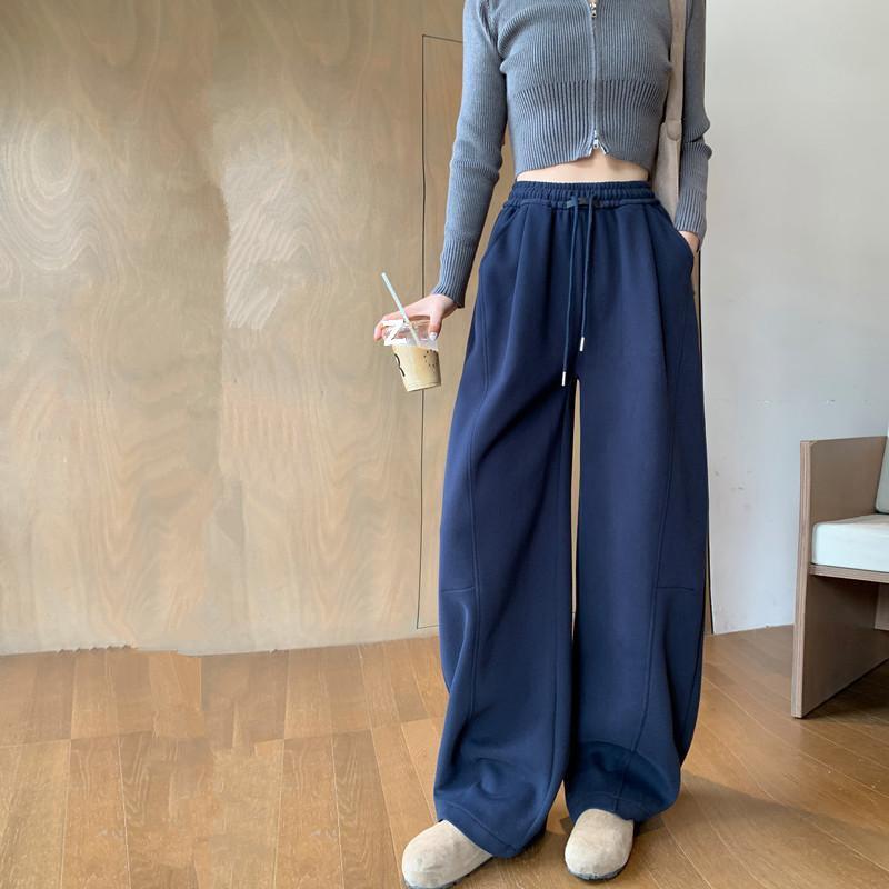 Women's Fleece-Lined Wide-Leg High-Waisted Sports Pants: Slimming, Loose-Fit, Autumn/Winter Casual Sweatpants.