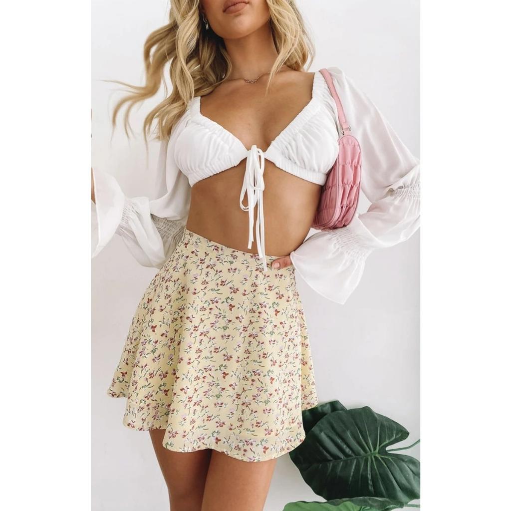 Damen-Bustier-Chiffon-Schirmrock mit Blumenmuster, frischer, süßer, kurzer Rock mit unsichtbarem Reißverschluss