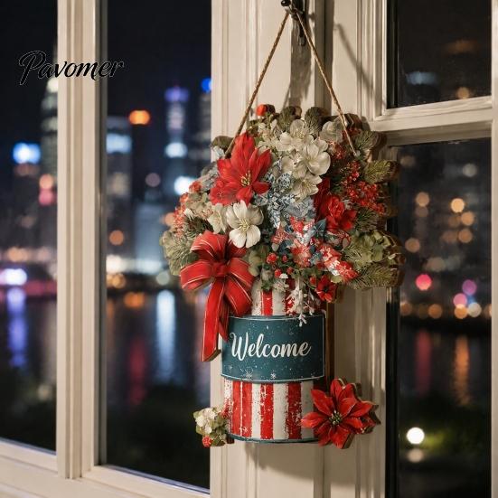 Christmas Door Hanging Sign Welcome for Front Door, Rustic Wooden Ornament, Festival Theme Wall Decoration Decor with Lanyard Holiday Home Window