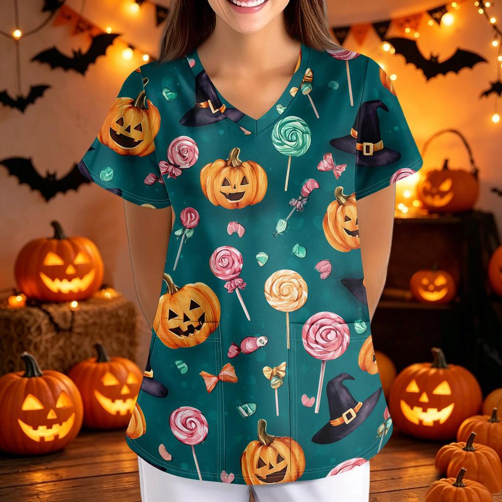 Damen Halloween Print Lockere Passform V-Ausschnitt Tasche Kurze Ärmel Medizinischer Kasack Krankenschwester Uniform Arbeitskleidung