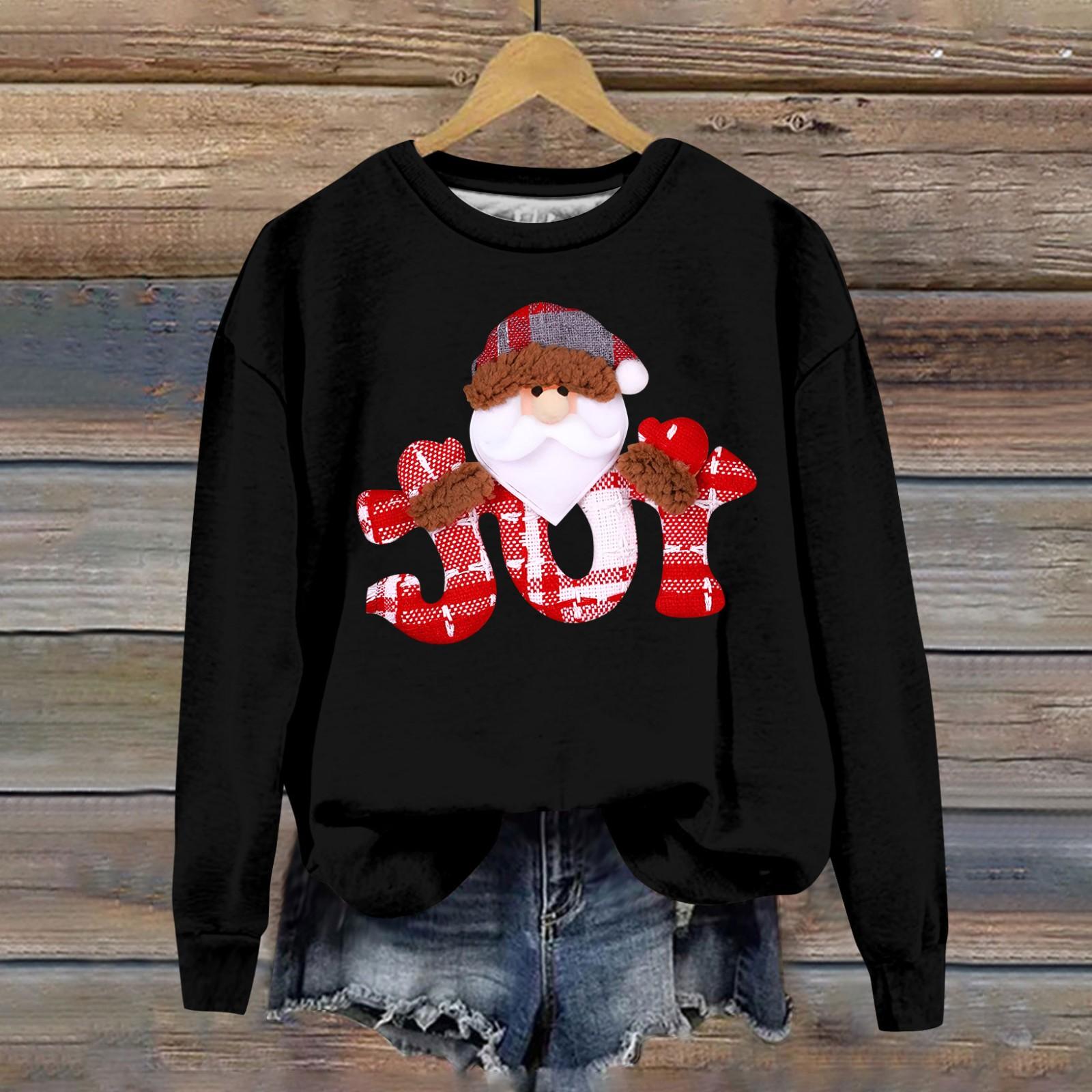 

Женская модная рождественская свободная толстовка с длинным рукавом и круглым вырезом с мелким принтом XL чёрный