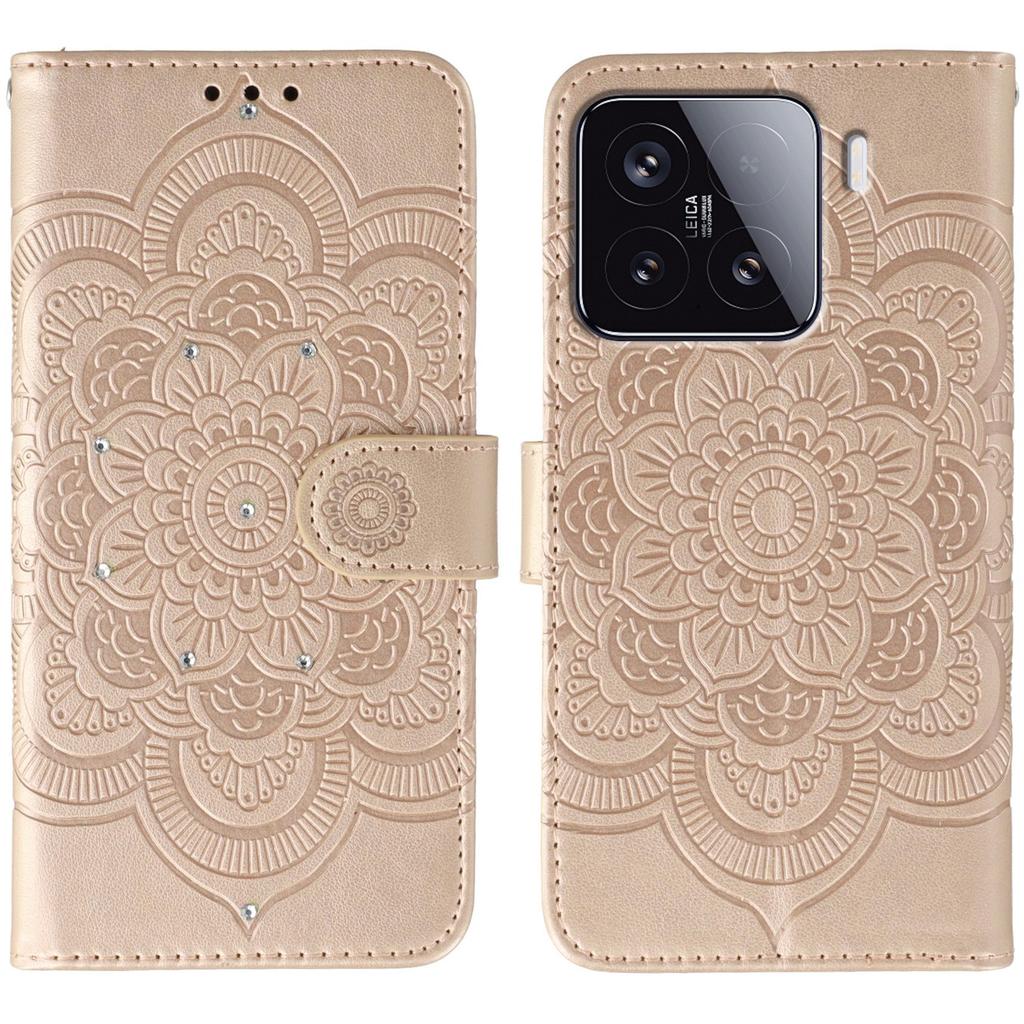 For Xiaomi 15 Case Rhinestone Decor PU Leather Mandala Imprinted Design Phone Cover with Wrist Strap