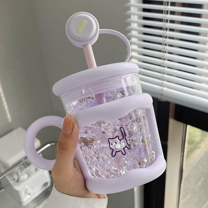 

Симпатична скляна пляшка води з мультфільмом 450 мл із соломинкою для чаю. Творчі прості чашки для води для напоїв для дівчаток, офісні кавові кружки With 3D Stickers