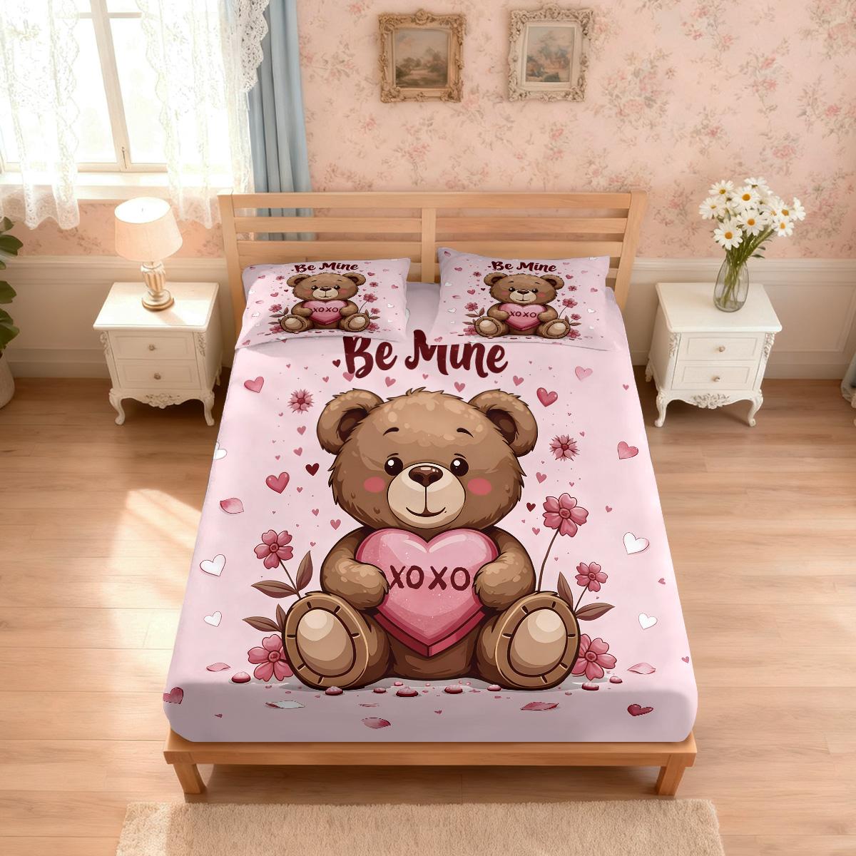 

3Pcs Valentine S Day Romantic Love Cartoon Bear Print Bed Sheet Set Multi Size Soft Bedcover Bedroom Bedding Festival Decoration 90x191cm
