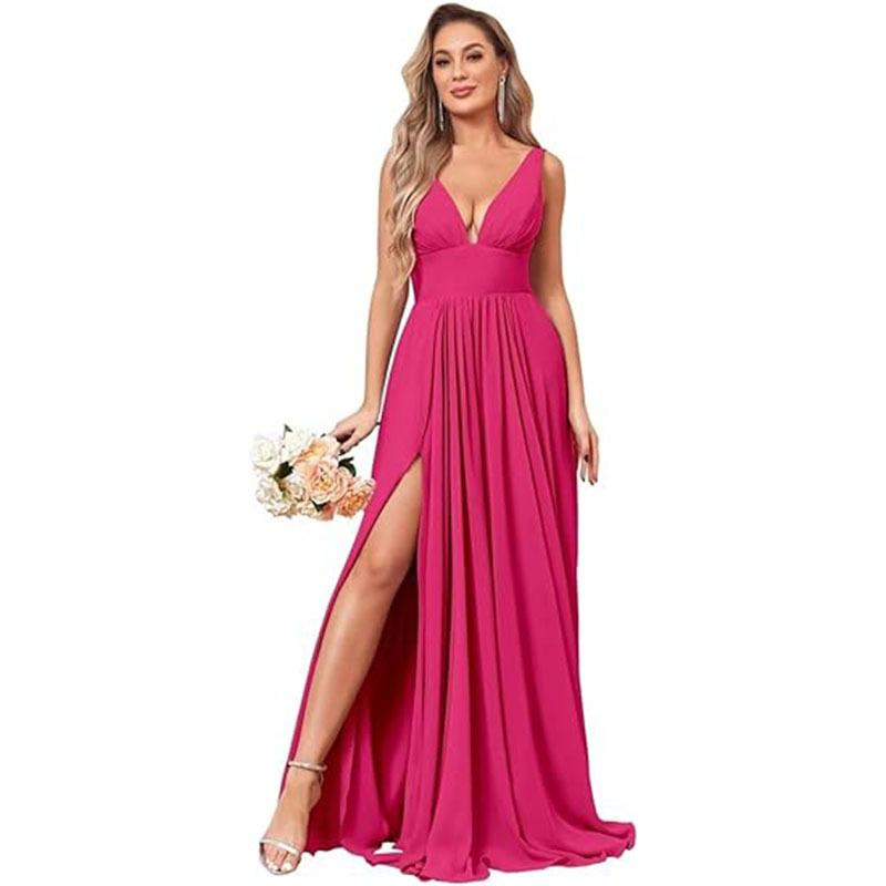 Evening dress summer new deep V-neck split fork long chiffon bridesmaid pleated formal ball dress