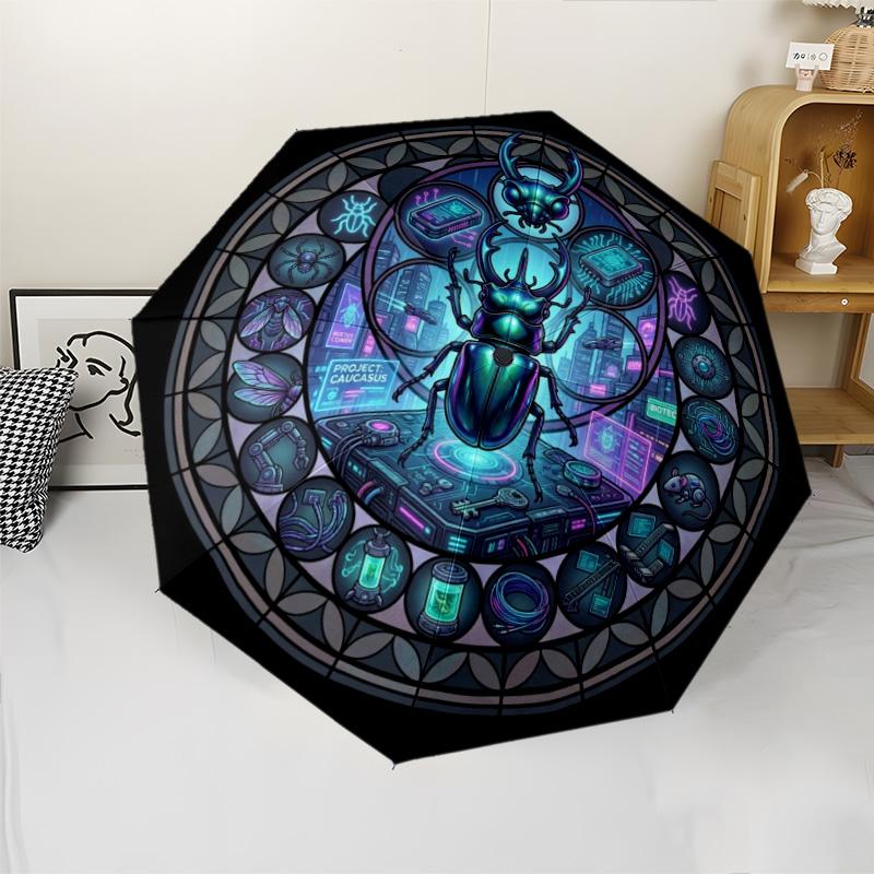 Cybernetic Beetle Project pattern umbrella, portable and foldable design, 8 ribs, a casual accessory for Halloween, Christmas, and birthday gifts.