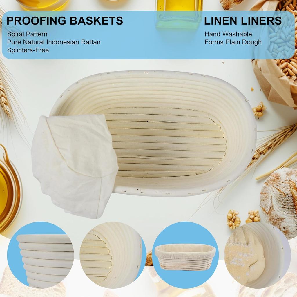 3Pcs Banneton Bread Proofing Basket, 10 inch Oval Banneton Basket,Sourdough Proofing Basket,Bread Bowl Handmade Rattan Baskets and Liners for