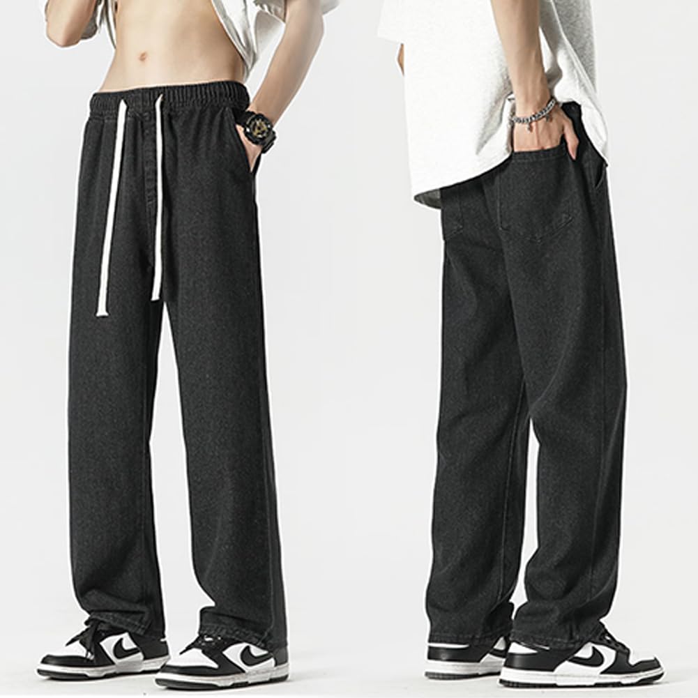 DOUBLE ART Men's Denim Pants, Plain Jeans, Baggy Pants with Drawstring, Easy Fit, Wide Leg Pants, Casual, Loose Fit, Sizes S-3XL (XCNZK02-Black-L)