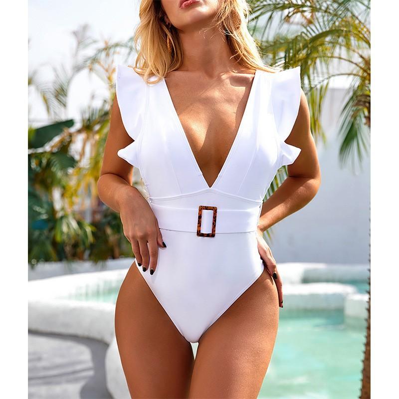 Bikini sexy v-neck halter women's swimsuit one-piece ruffle edge solid color swimsuit