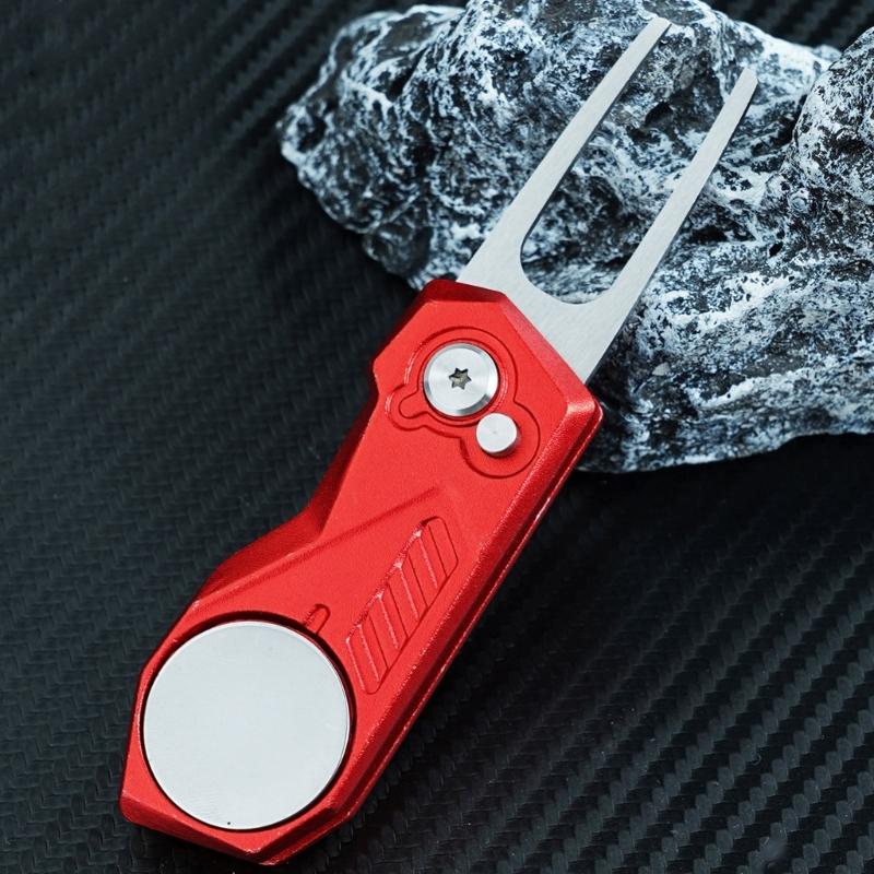 Golf Divot Repair Tool with Popup Button Mini Golf Divot Tools Foldable Golf Green Fork Golf Magnetic Marker Pitch Mark