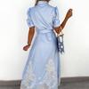 Mode Damen Kleid Stickerei Stehkragen Kurzarm Einreiher Ausgeschnittenes Hemd