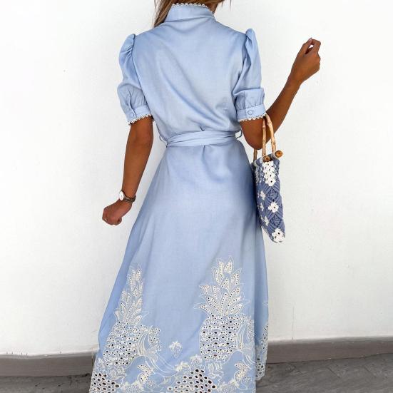 Mode Damen Kleid Stickerei Stehkragen Kurzarm Einreiher Ausgeschnittenes Hemd