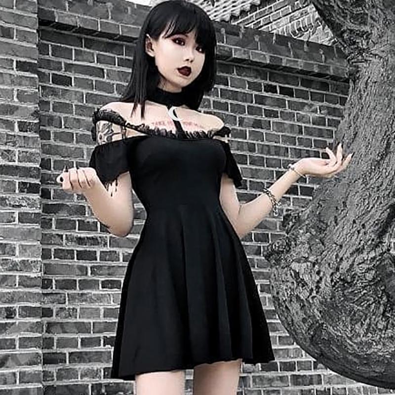gothic black mini dress DW1035 Renita Shiny Faux Leather & Lace Black Gothic Mini Dress by Dark in Love - XL ONLY