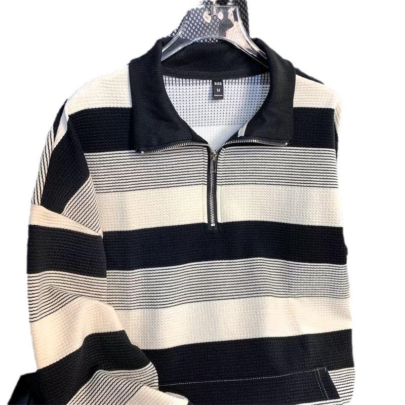 Unisex Retro Gestreifte Oversize Langarmjacke mit halbem Reißverschluss für Herbst & Winter