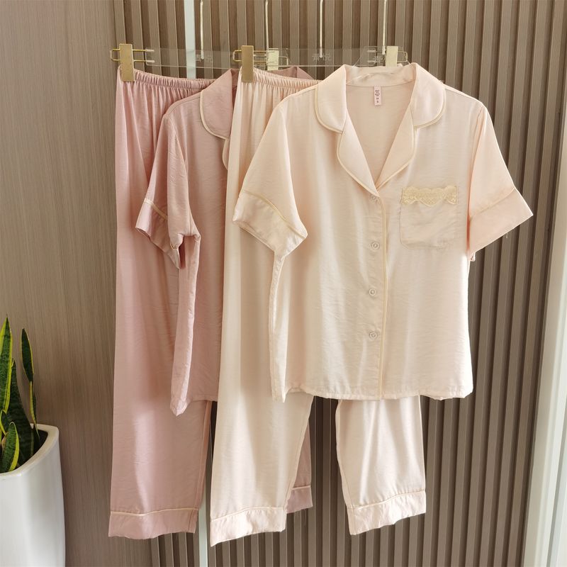 Tencel Cotton Pajamas Women's Summer Short Sleeve Trousers Homewear Summer Thin Cotton Cool Cardigan Two-Piece Suit