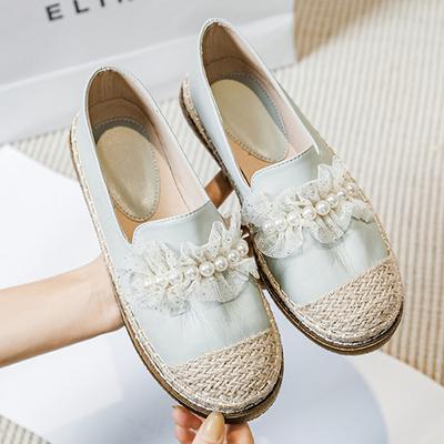 Mode Spitze&Perle Espadrilles Schuhe Frau 2024 Echtes Leder Ballerinas Bequeme Slipper Damen Fischer Schuhe Hanf Mokassins Frau Große Größe