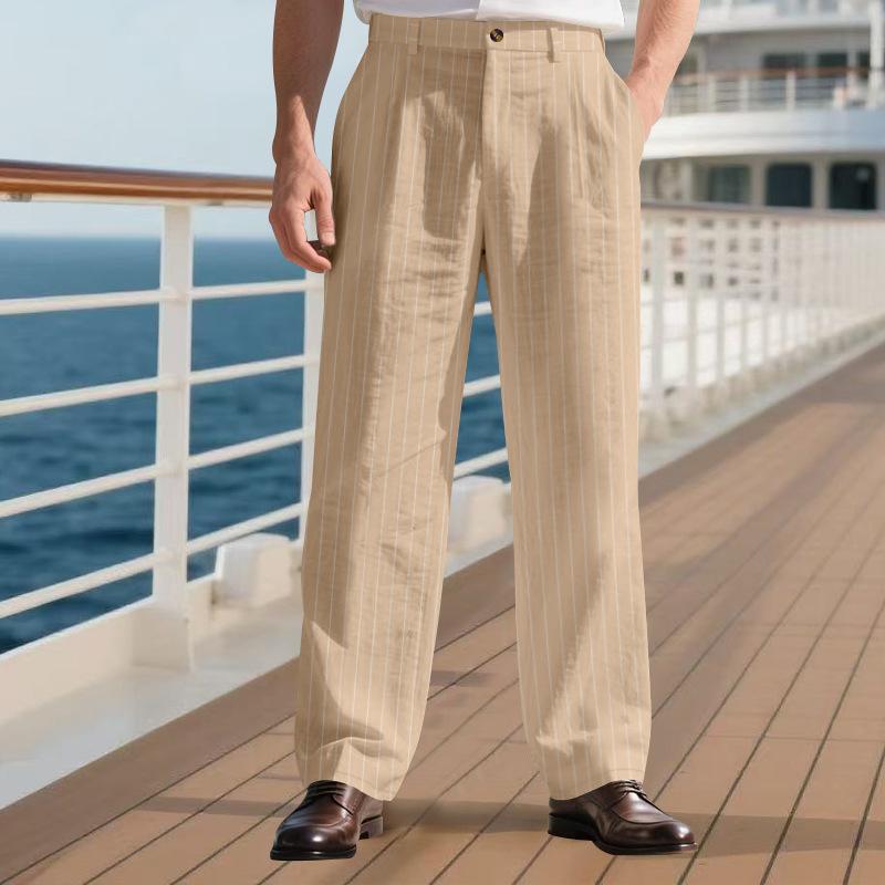 Men's Linen-Blend Relaxed Fit Breathable Casual Trousers with Vertical Stripes and Straight Leg Design