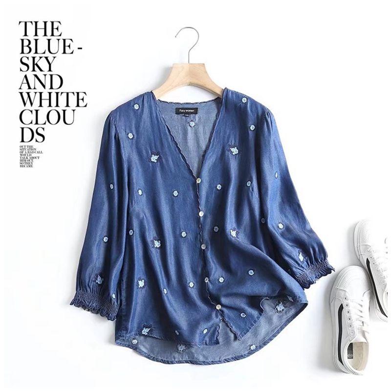 

Тенсельная рубашка тонкая дышащая европейский и американский стиль джинсовая вышивка Dark blue M