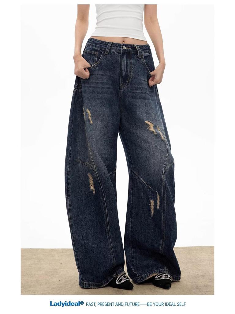 Vintage Women’s Wide-Leg Washed Scimitar Jeans - Retro, Loose Fit, Deconstructed Casual Pants