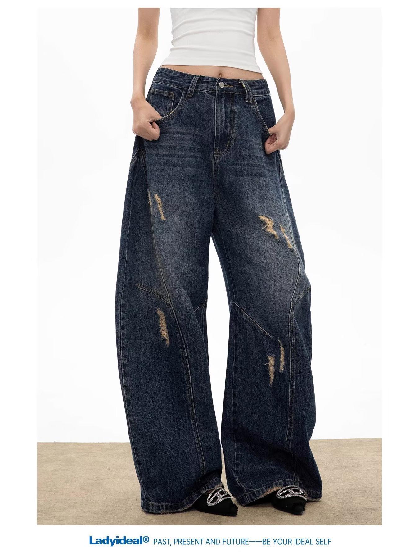 

Винтажные женские джинсы-палаццо с эффектом стирки - Ретро, Свободный крой, Деконструированные повседневные брюки 3XL: Height 155-165CM (150-165 lbs) темно-синий