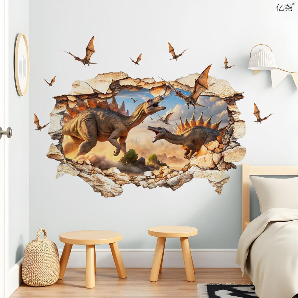 Cartoon Stegosaurus Pterodactyl Hole Wall Sticker Self-Adhesive Removable Kids Room Bedroom Dinosaur Home Decor Art