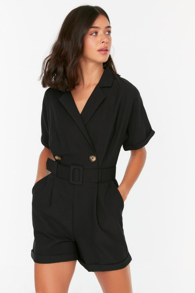 Women's Fashion New Jumpsuit Stone Belted Curvature Collar Mini Woven Jumpsuit