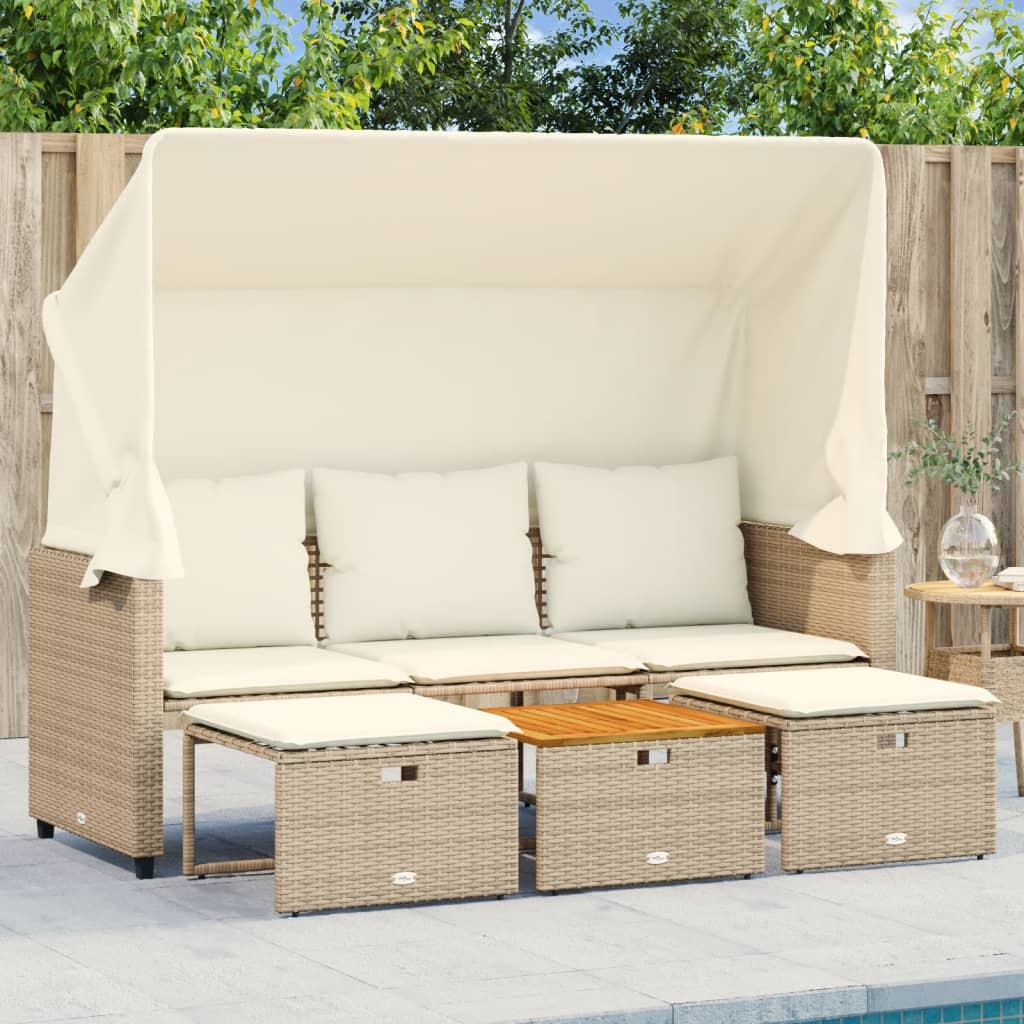Outdoor 3 Seater Sofa with Canopy and Footstools Beige Poly Rattan
