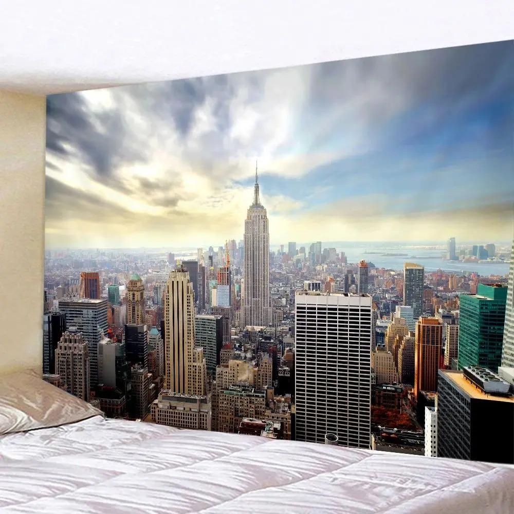 New York City Skyline Tapestry Bohemian Night Scene Wall Art for Living Room Bedroom Decor Hippie Style Urban Landscape Hanging