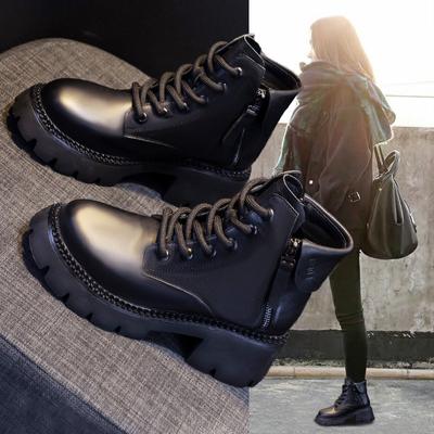 2024 New Autumn Leather Platform Boots Women's Thick-soled British Womens Shoes Short Boots Spring and Autumn Zipper Boots