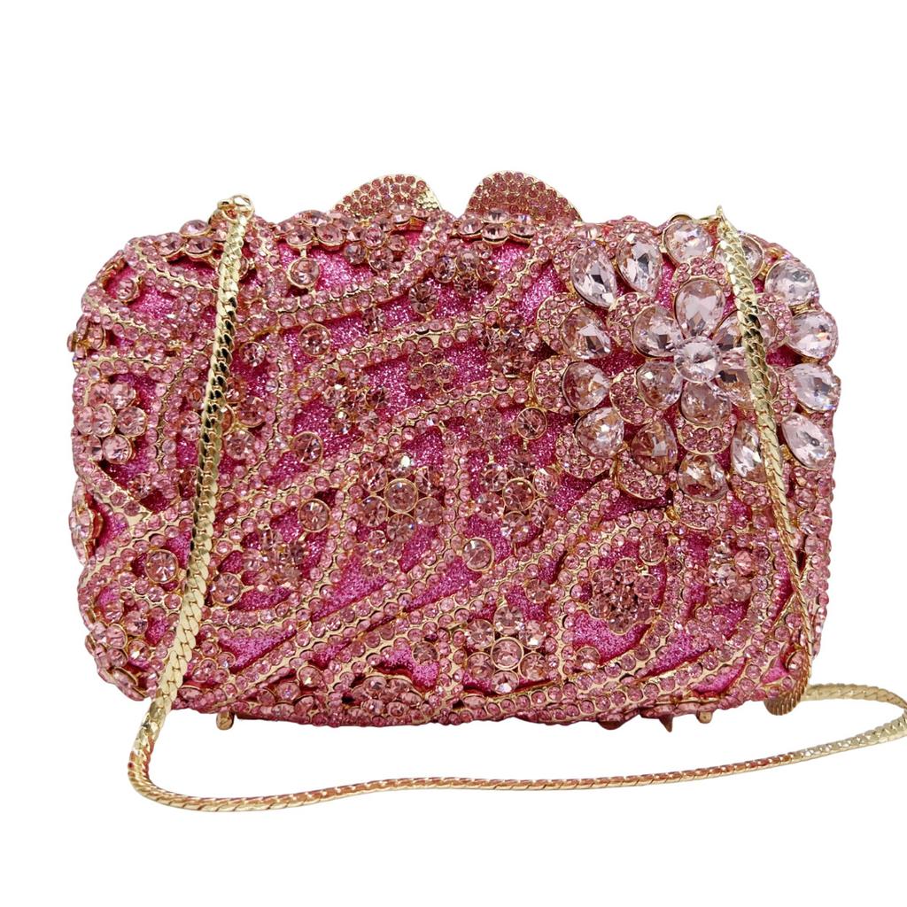 WHTUOHENG Luxury Pink Crystal Bridal Purse Diamond Banquet Clutch Stone Handbag For Wedding Dinner Party Cocktail Event Clutches