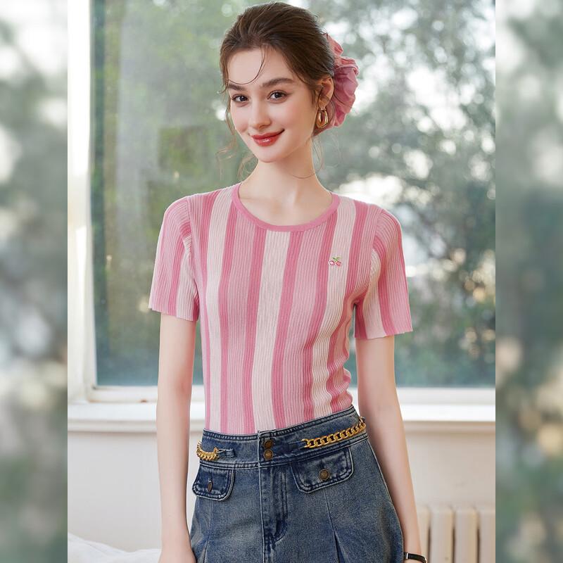 Women s Cherry Embroidered Striped Knit Top M