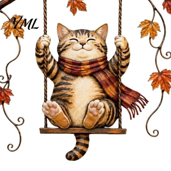 Autumn Theme Door Decorations Cat Metal Wall Decor, Fall Tin Sign Plaque, Swing Decorative Crafts for Home Art Decoration Thanksgiving Harvest