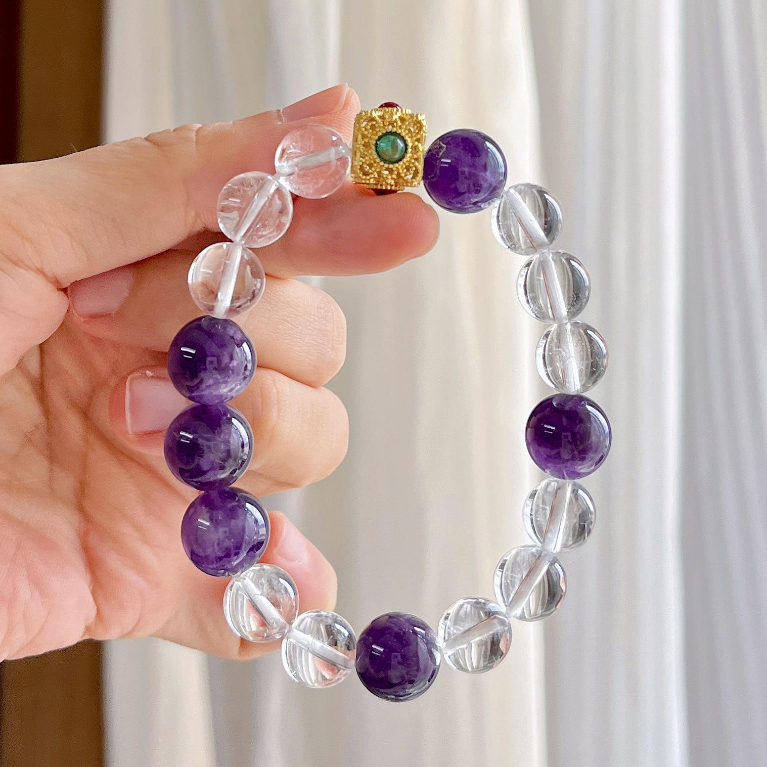 12Mm Natural Amethyst White Crystal Design Bracelet Bracelet