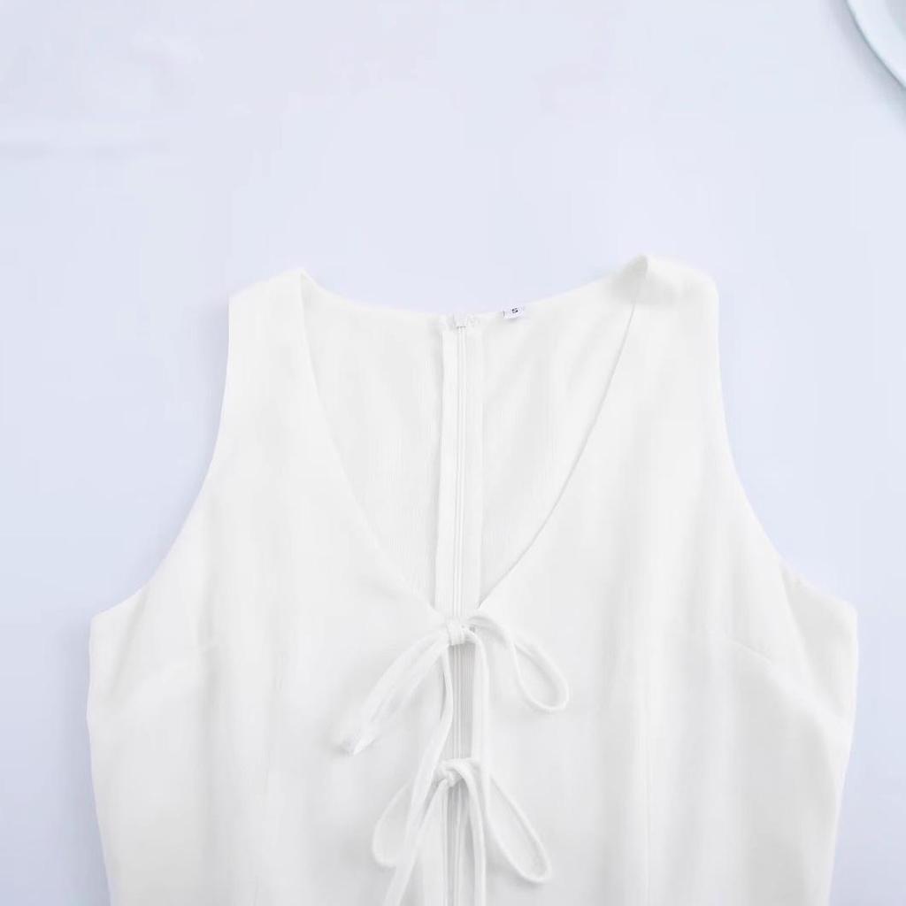 2025 Spring Women's Sleeveless Tie-Waist Dress - European & American Style Fashion with Lining