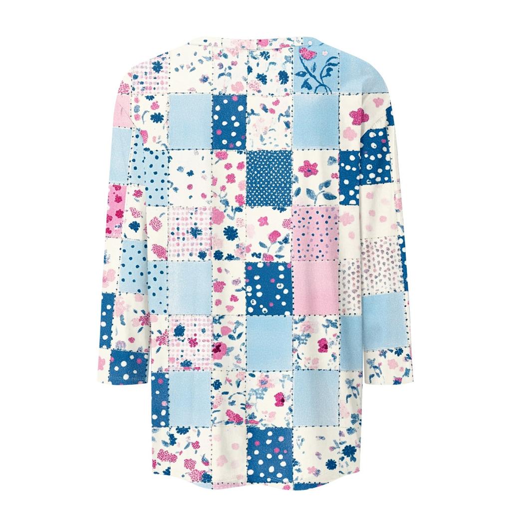 Women's Fashion Casual Three-quarter Sleeve Vintage Floral Print Round Neck Top