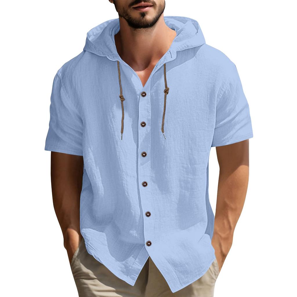 Men's Solid Color Casual Short Sleeved Shirt With Hood And Drawstring Cotton And Linen Cardigan