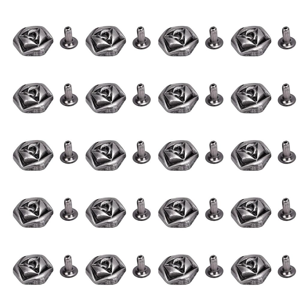 20 Sets Leather Rivets 12mm Antique Silver Hexagonal Rose Rivets and 3x7mm Feet for Craft Decoration