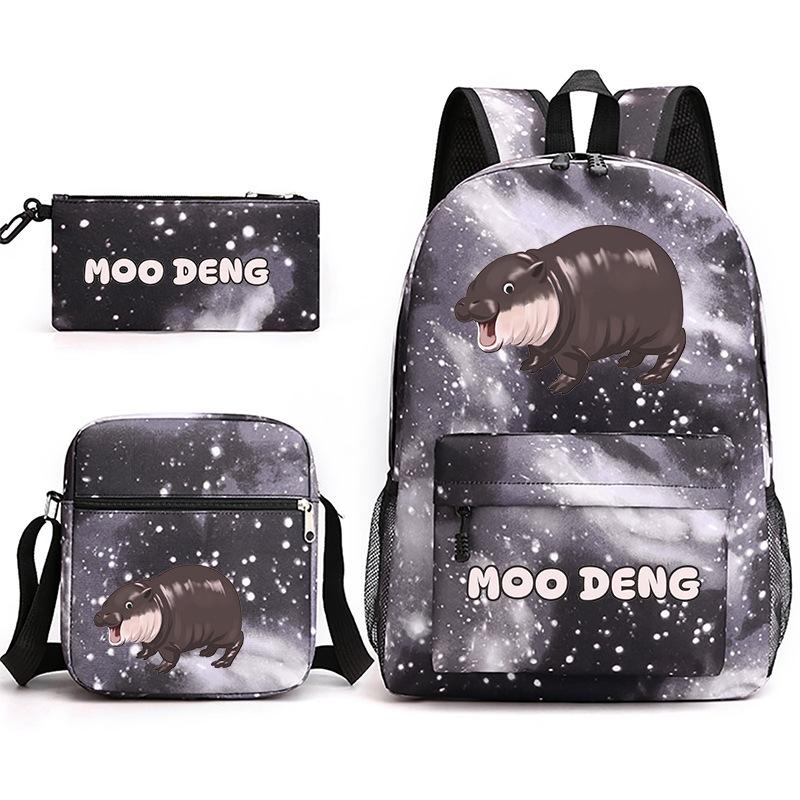 Cute Moodeng Hippo Youtoo Print Backpack Shoulder Pencil Case Three-Piece Set Student Bag