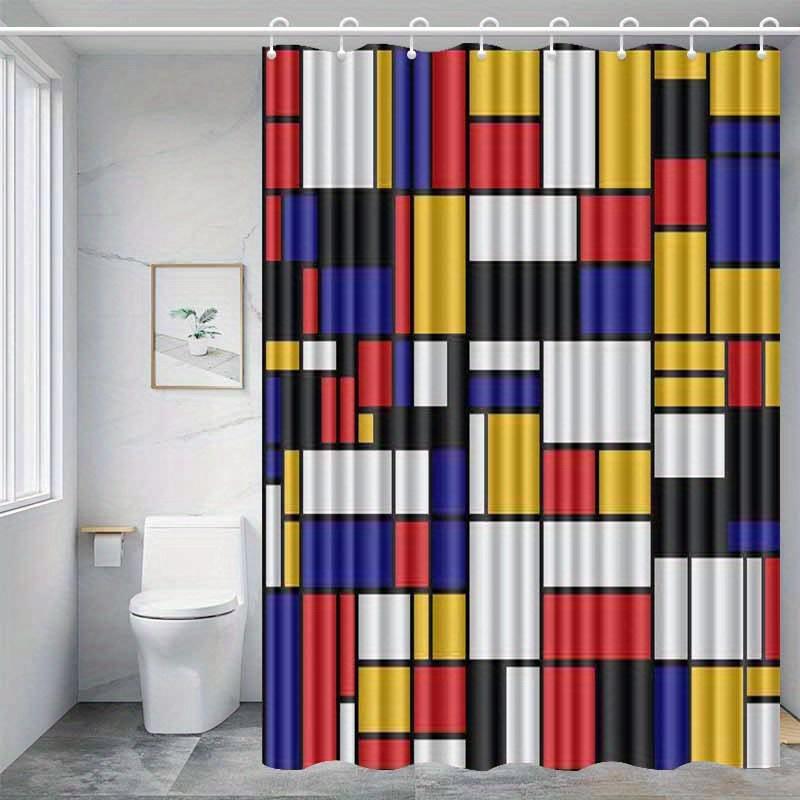 Vibrant Geometric Print Waterproof Shower Curtain For Bathroom, Mondrian Style Colorful Design High-End Toilet Partition Curtain