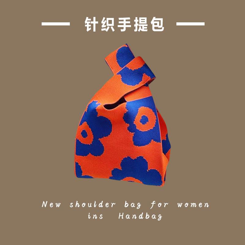 Ins Trendy Handbag Women'S Knitted Wool Bucket Bag Hand Carry Casual Tote Bag Box Lunch Bag