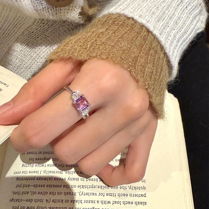 Women's S925 Sterling Silver Square Natural Amethyst Ring Adjustable Open Garnet Topaz Jewelry Gift
