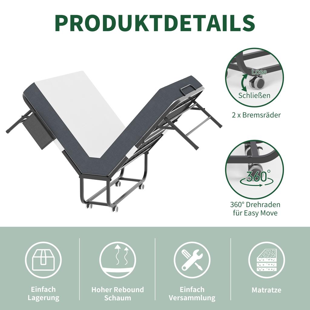 190 × 78 Cm Folding Twin Bed with 9.5 Cm Memory Foam Mattress, Portable Guest Bed/Rollaway Bed Incl. Sturdy Metal Frame & Storage Bag
