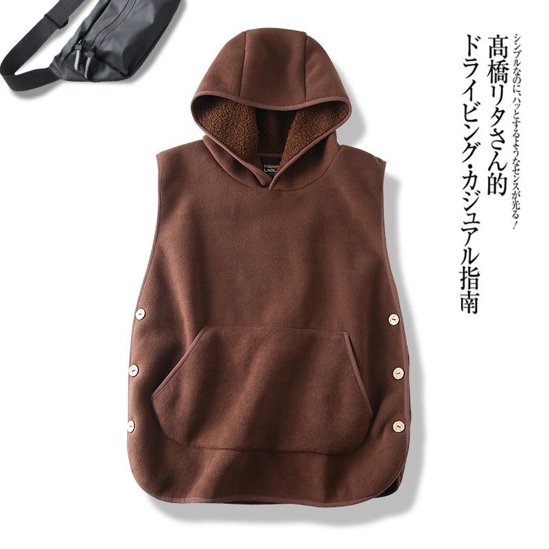 Lady Thermal Vest Women Side Button Closure Fleece Hooded Vest Solid Color Front Pocket Casual Top For Fall Winter