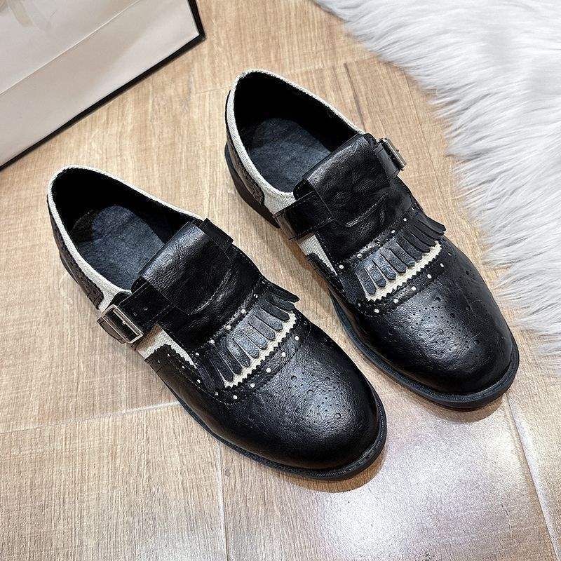 Soft leather version~ engraved Brock small leather shoes women's horse leather British style retro round head thick heel fringed Munch single shoes