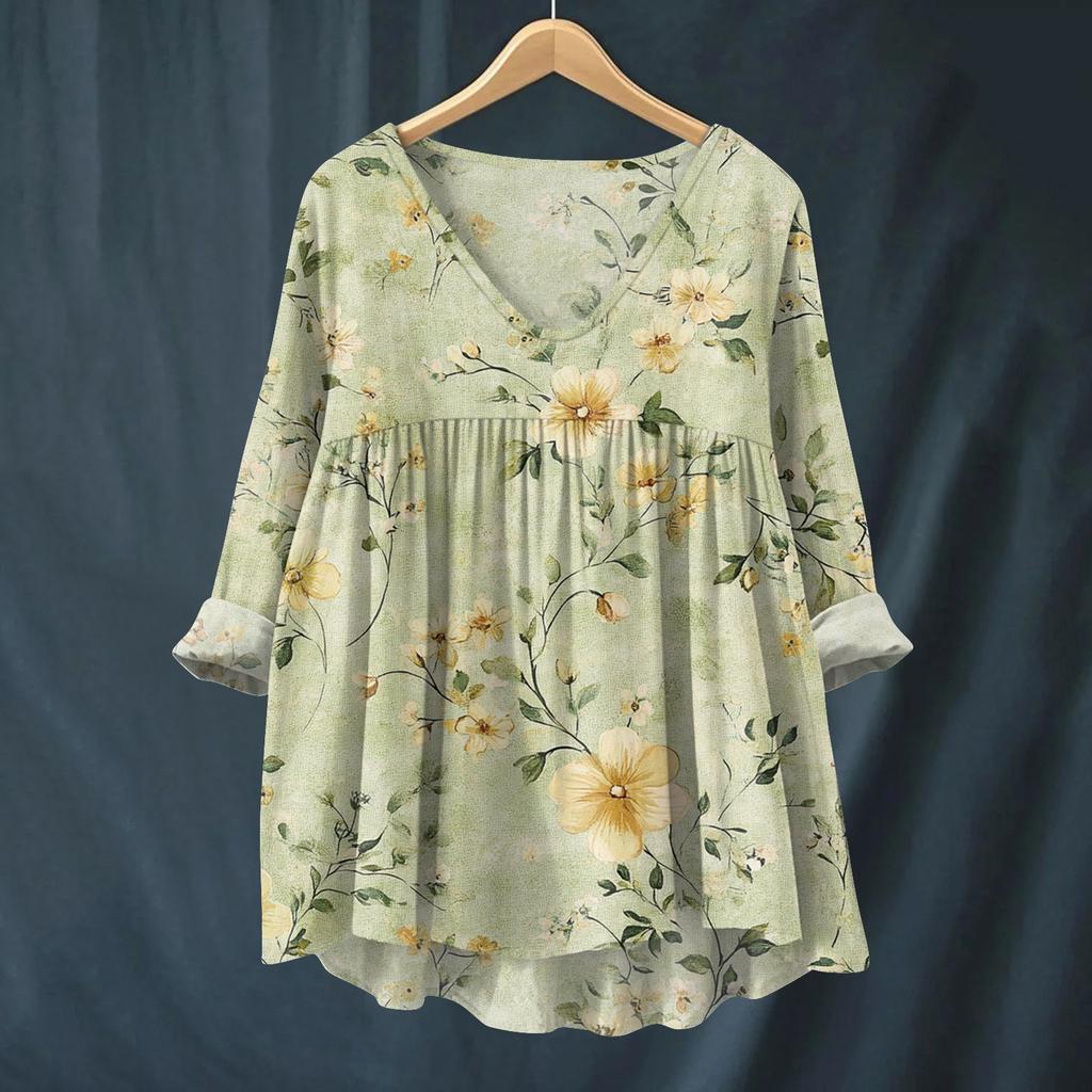 Women's Fashionable And Casual Shirt Long-sleeved V-neck Print Cotton And Linen Blouse